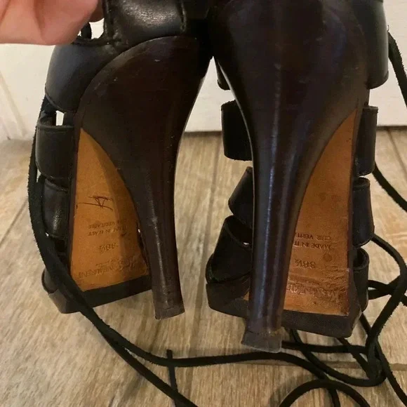 Yves Saint Laurent Black Leather Moorland Lace Up Gladiator Heels - Picture 9 of 14